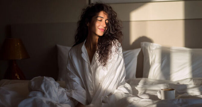 Bed made with crisp white pure cotton linens in soft morning light