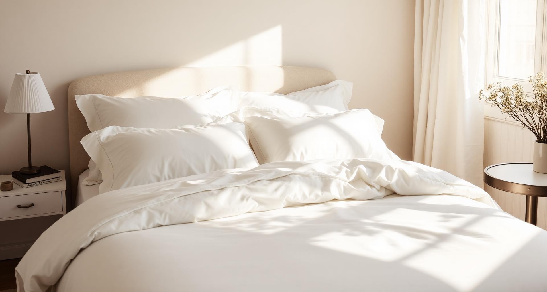 Bed made with crisp white 300 TC linens in soft morning light